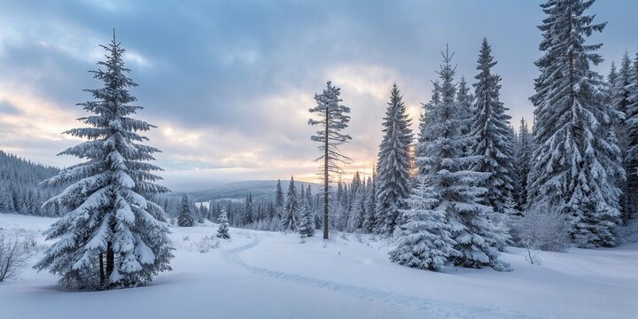 Peaceful winter mountain landscape with snow covered pine trees at sunrise. Frosty forest scene with soft morning light and cold blue tones. .