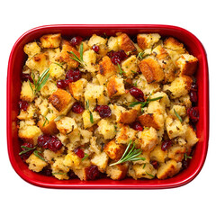 Baked stuffing in red tray, food top view on transparent background