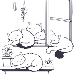Sleeping Cats on Windowsill and Shelf with Plants