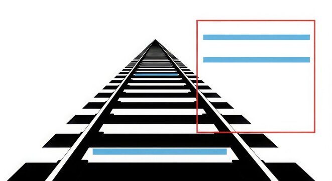 Perspective view of black and white railroad tracks with blue accents and a red rectangular box - Powered by Adobe