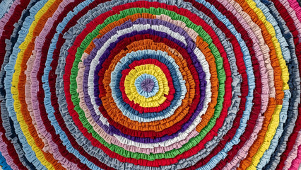 Vibrant colorful circular rag rug pattern with textured fabric