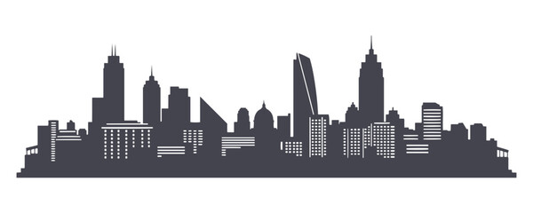 Obraz premium Vector illustration of a city skyline. Flat style urban landscape cityscape. Silhouette of a city. Backgrounds of cityscapes. Daytime skyline on a white background.