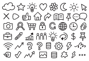Universal Hand Drawn Doodle Business and Web Navigation Icon Set