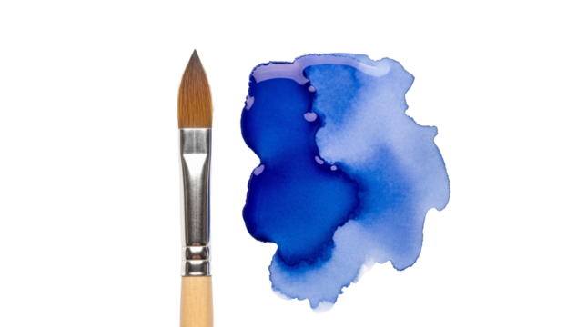 Watercolor brush with blue paint splash isolated PNG, artistic tool for painting and creative design on transparent background
