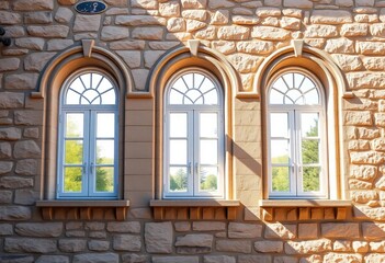 Three elegant arched windows in a sunlit stone wall,   curve,  design