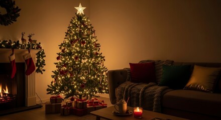 Elegant Christmas Living Room with Illuminated Tree, Twin Fireplaces, and Festive Holiday Decor