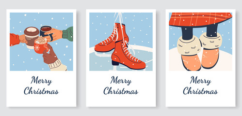 Winter greeting cards: red ice skates, a winter walk, friends celebrating Christmas with non-alcoholic drinks. Copy space. Flat vector illustration.