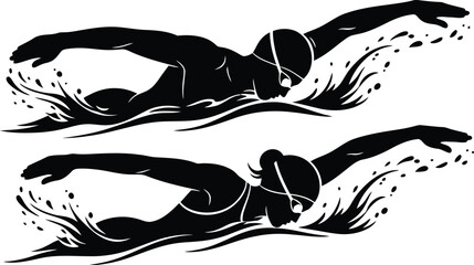 Two swimmers in the water black and white illustration