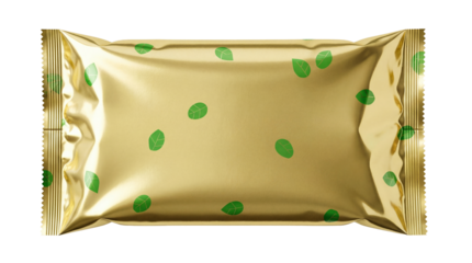Gold foil snack bar wrapper with green leaves isolated PNG, shiny packaging mockup for candy or chocolate on transparent background