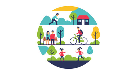 Obraz premium People of various ages enjoy healthy outdoor activities like running, cycling, relaxing, and playing in a vibrant, green park environment.