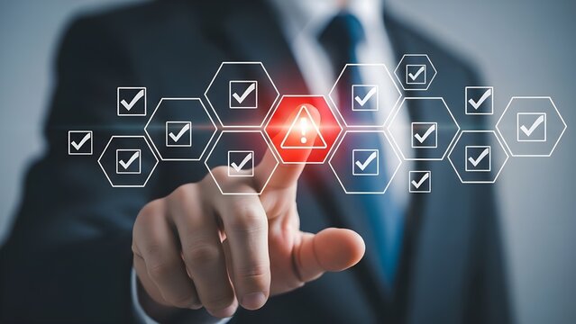 Businessman touching virtual screen with checkmarks and exclamation point