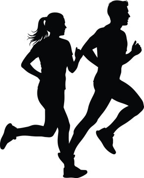 Silhouette of man and woman running together on white background