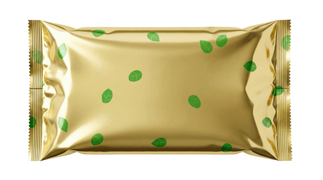 Gold foil snack bar wrapper with green leaves isolated PNG, shiny packaging mockup for candy or chocolate on transparent background