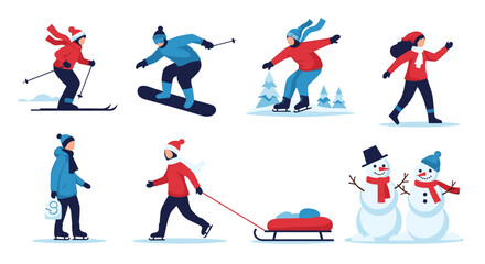 Various winter activities are depicted in a flat design style, including skiing, snowboarding, ice skating, sledding, and snowmen.