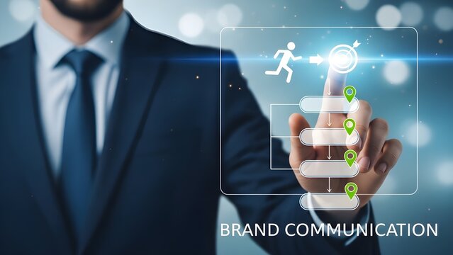 Businessman interacting with digital interface for brand communication