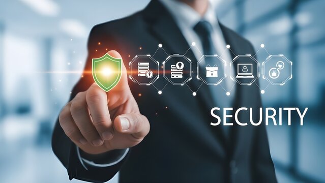 Businessman pointing at security shield with digital icons