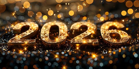 Panoramic Golden 2026 Numbers with Bokeh Lights Background