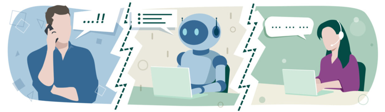 Man making a call and being answered by a robot or artificial intelligence (AI). Then connected with a physical person.