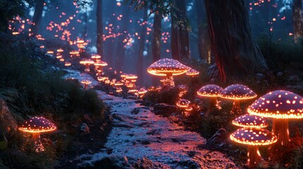 Enchanted Forest Path - Glowing Mushrooms Illuminate a Mystical Woodland Scene.