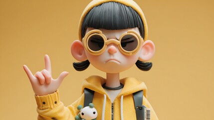 Stylish girl in yellow shows a hand sign with a serious, confident face