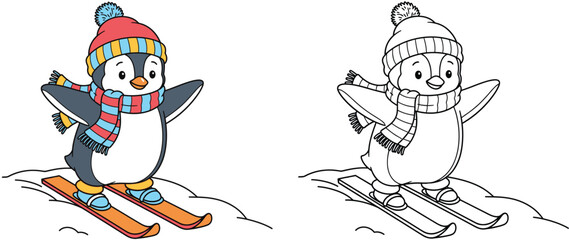 Cute cartoon penguin skiing on snow vector illustration with black and white outline for coloring book page for kids. Happy winter animal character wearing warm hat and scarf.