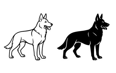Vector illustration of a shepherd dog, black and white, outline and silhouette