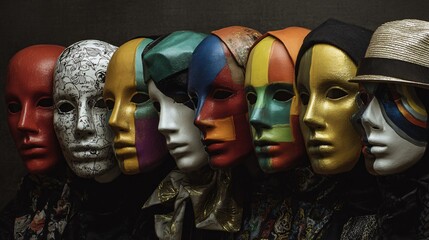 A row of vivid theatrical masks suggests many hidden identities in dramatic light.