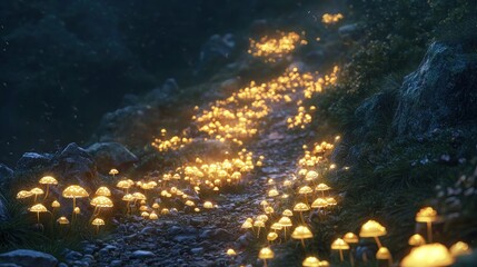 Enchanted Forest - A Glowing Mushroom Trail at Night.