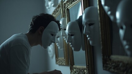 Masked figure leans toward a wall of blank faces framed like mirrors