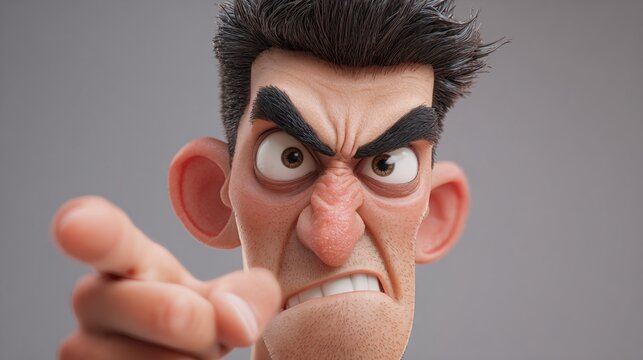 Angry man leans in, pointing accusingly with a fierce glare.