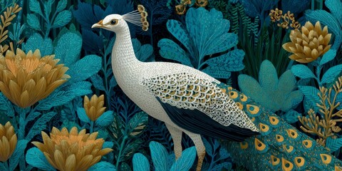 A beautiful art of white peacock in the jungle