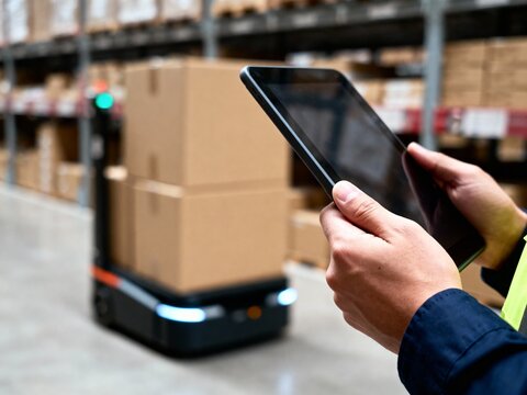 Logistics worker monitoring an autonomous mobile robot carrying cargo boxes using a tablet in a modern warehouse setting.