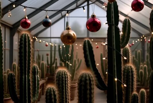 Festive holiday spirit meets desert vibes in a unique greenhouse cactus Christmas celebration with colorful ornaments and string lights