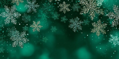 Glittering snowflakes fall against a deep green bokeh background.