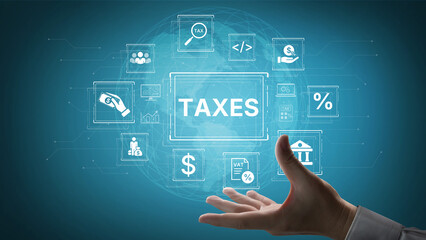 Concept of tax preparation and financial compliance. Filing official tax documents and forms for...