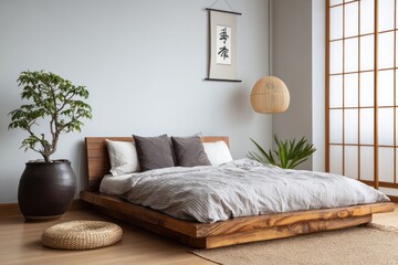 Minimalist bedroom with a wooden platform bed and decorative elements.