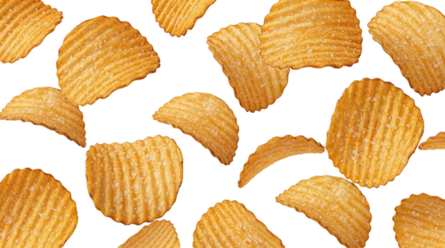 Golden rippled potato chips isolated PNG, crispy snack food on transparent background for junk food and party themes