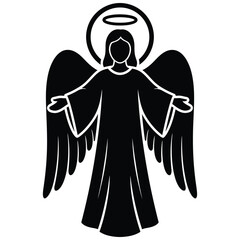 Christmas Black Silhouette Icon Of An Angel With Wings And Halo On White Background illustration