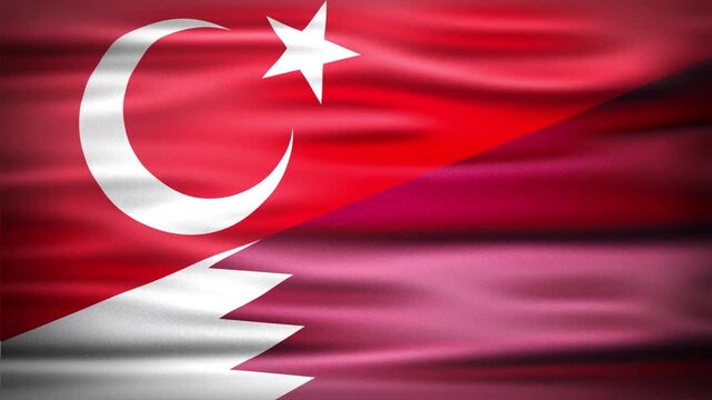 Wavy Combined Flags of Turkey and Qatar, Short Looping Animation of National Unity and Cultural Connection