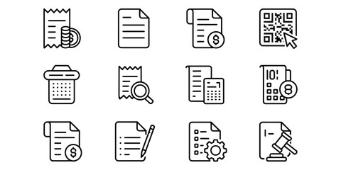Collection of linear finance and accounting icons for business and commercial themes showcasing documents and financial data