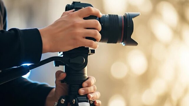 Hands adjusting digital camera lens on tripod for photography and videography equipment setup