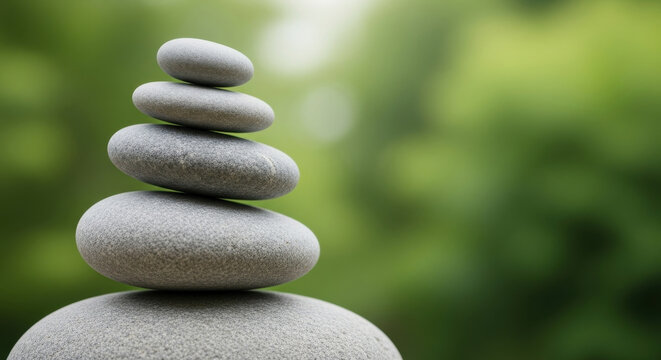 Stacked zen stones balanced on natural green background