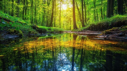 Serene Forest Reflection - Sunlight Filtering Through Trees onto Calm Water.