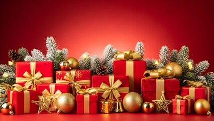 Christmas Scene with Red Gift Boxes, Golden Ornaments, Pinecones, and Frosted Pine Branches on Red Background