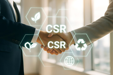 Corporate handshake with holographic CSR icons representing sustainability environment recycling and ethical business responsibility