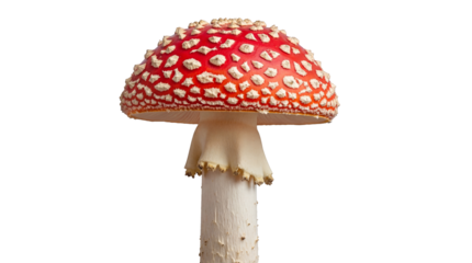 Red and white fly agaric mushroom isolated PNG, poisonous toadstool with spots on transparent background for nature and fairytale concepts