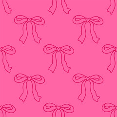 Pink seamless pattern with hand drawn bows in cute coquette style creating a playful ribbon design for feminine packaging, cards and fabric prints.