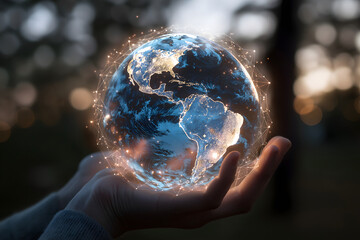 hand holding glowing eco earth hologram