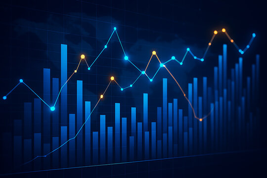 Financial data analysis with glowing charts displaying market trends economic growth investment performance and futuristic business information