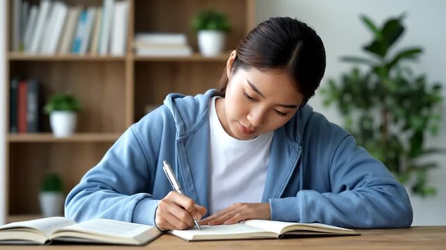 A girl in a sweatshirt writes notes in a notebook while the girl focuses intently. The girl, surrounded by books and plants, maintains concentration in a quiet study area.